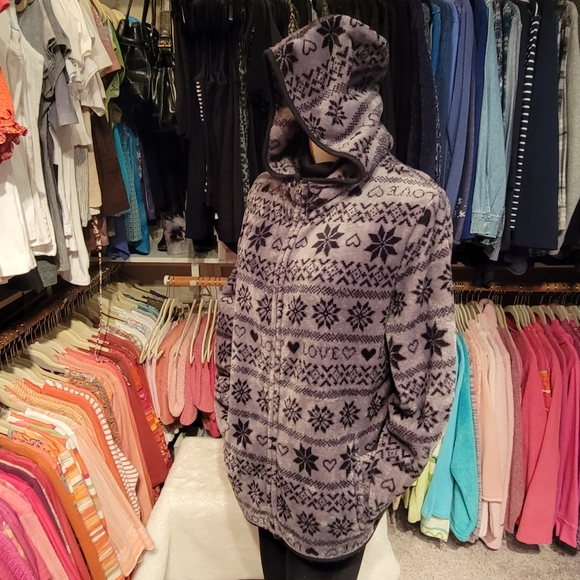 NO BOUNDARIES Plush Black 'n Gray LOVE 🖤's 'n Snowflakes Zip Hoodie Jacket XXL - Picture 4 of 11